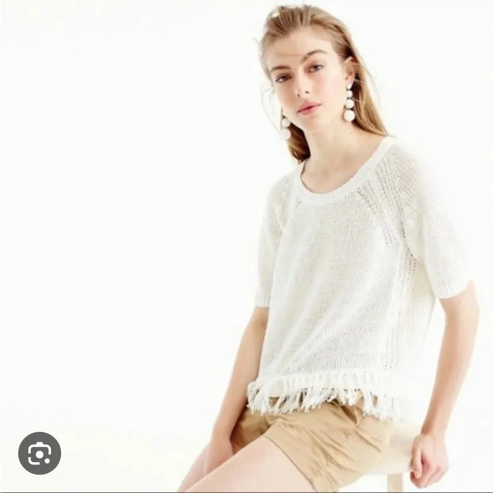 J.CREW WHITE LINEN FRINGE SHORT SLEEVE SWEATER